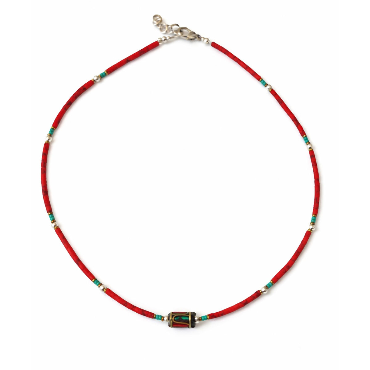 Collar nepalí de gemas extrafinas con cuenta tribal de coral, 43 cm