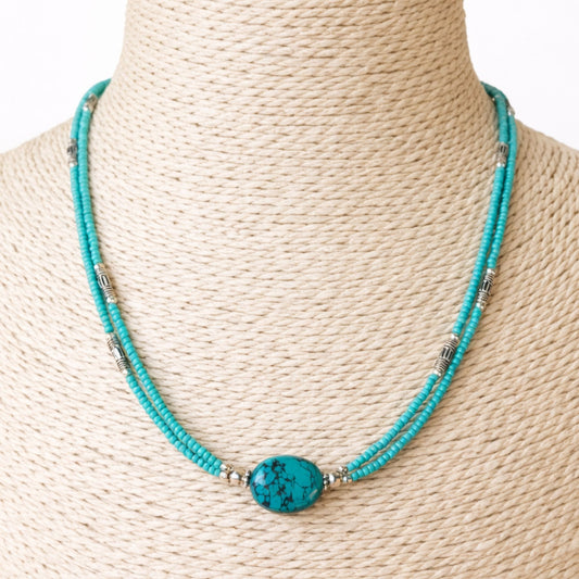 Collar nepalí extrafino de dos líneas con turquesa y lapislázuli