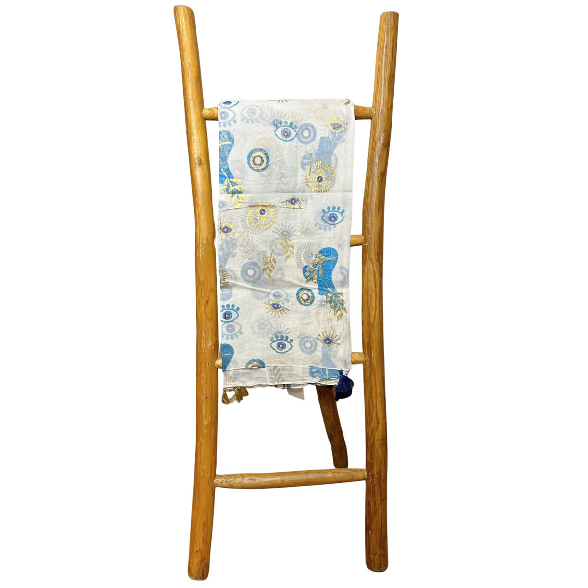 Colección Nómada Sari Mediterráneo - Pareo - Diseño del Ojo Maligno en Blanco, Azul y Oro
