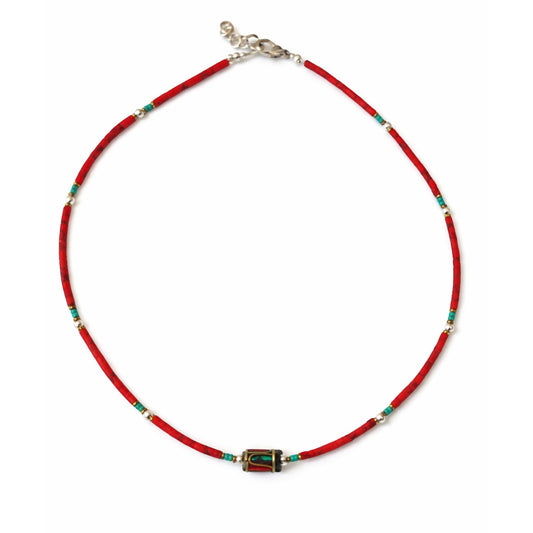 Collar nepalí de gemas extrafinas con cuenta tribal de coral, 43 cm