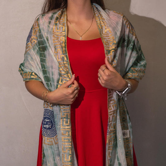 Pañuelo de verano Nomad Sari Marbella verde y oro, 180 × 50 cm