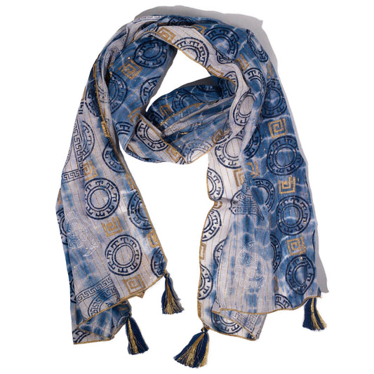 Pañuelo Nomad Sari Marbella azul con dorado, 180 × 50 cm