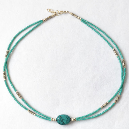 Collar nepalí extrafino de dos líneas con turquesa y lapislázuli