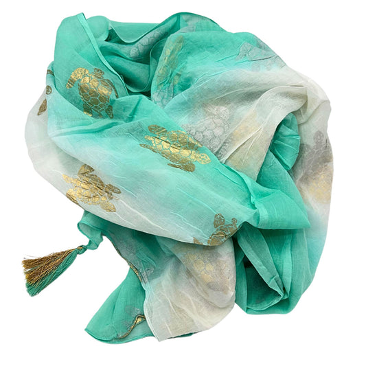 Pareo Nomad Sari con diseño de tortuga, blanco, turquesa y oro
