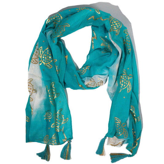 Pañuelo Nomad Sari turquesa con tortugas doradas, 180 × 50 cm