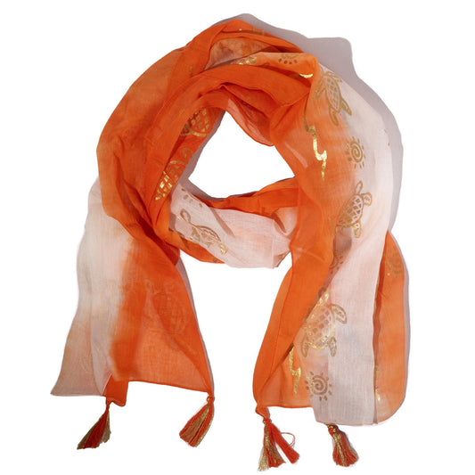 Pañuelo Nomad Sari coral con tortugas doradas, 180 × 50 cm