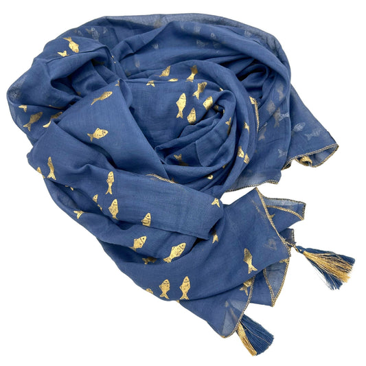 Pareo Nomad Sari Mediterráneo con peces en azul marino y dorado