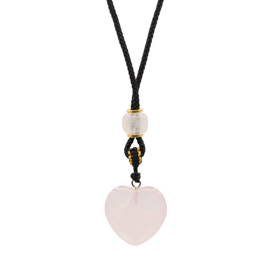 Collar de cuarzo rosa en forma de corazón con cordón ajustable