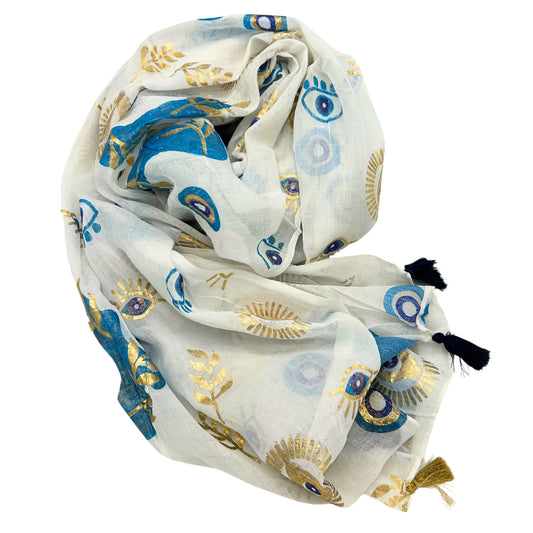 Pareo Nomad Sari con diseño de ojo maligno, blanco, azul y oro