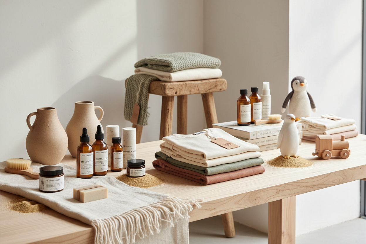 Crea una imagen que represente el siguiente texto: "Como un pingüino en el desierto es una tienda eco-responsable de moda ética, hogar sostenible, belleza natural y puericultura. Seleccionamos marcas europeas por su calidad, transparencia e impacto positivo. Un catálogo cuidado para ayudarte a consumir mejor y evitar el greenwashing."