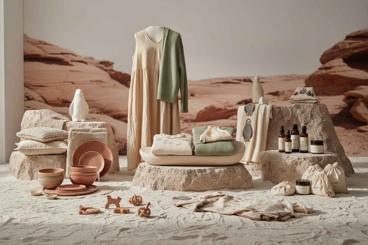 Crea una imagen que represente el siguiente texto: "Como un pingüino en el desierto es una tienda eco-responsable de moda ética, hogar sostenible, belleza natural y puericultura. Seleccionamos marcas europeas por su calidad, transparencia e impacto positivo. Un catálogo cuidado para ayudarte a consumir mejor y evitar el greenwashing."