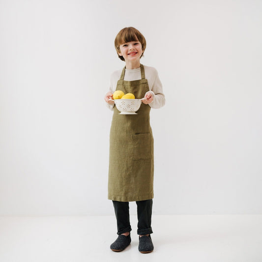 Linen Daily Apron for Kids - Olive