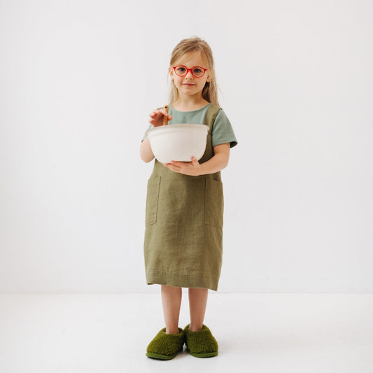 Linen Pinafore Apron for Kids - Olive