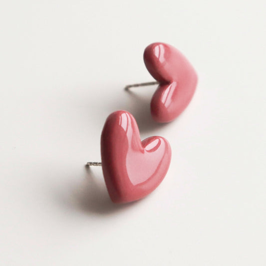 Porcelain Heart Studs -  Pink